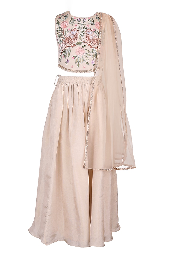 Cream Polyester Satin Lehenga Set For Girls by Les Petits at Pernia's Pop Up Shop