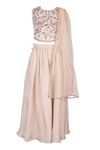 Cream Polyester Satin Lehenga Set For Girls by Les Petits