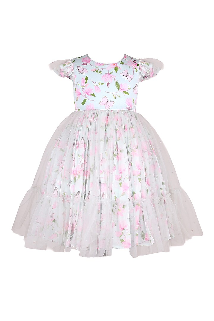 Mint Green Polyester Floral Printed Tiered Dress For Girls by Les Petits at Pernia's Pop Up Shop