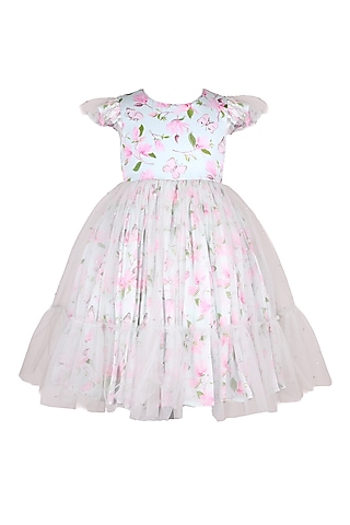 Mint Green Polyester Floral Printed Tiered Dress For Girls by Les Petits