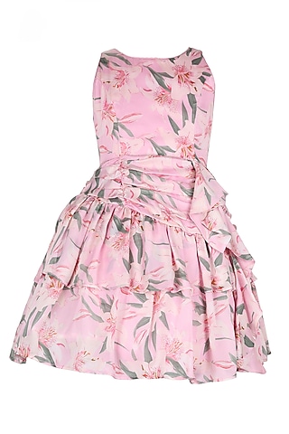 Pink Polyester Floral Printed Ruffled Dress For Girls by Les Petits
