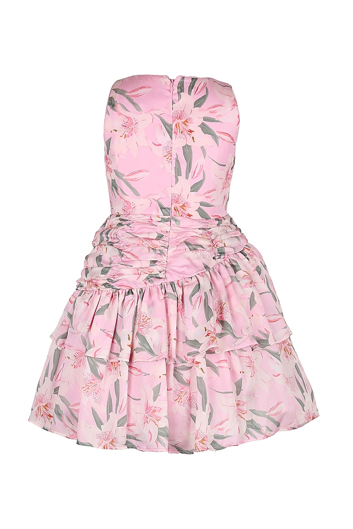 Pink Polyester Floral Printed Ruffled Dress For Girls by Les Petits at Pernia's Pop Up Shop