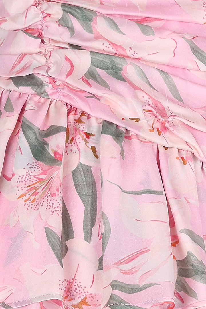 Pink Polyester Floral Printed Ruffled Dress For Girls by Les Petits at Pernia's Pop Up Shop
