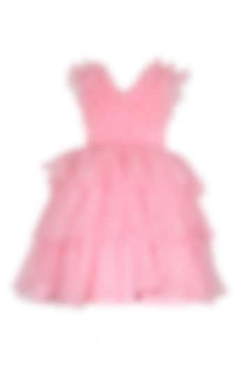 Pink Polyester Pearl Embellished Layered Ruffled Dress For Girls by Les Petits at Pernia's Pop Up Shop