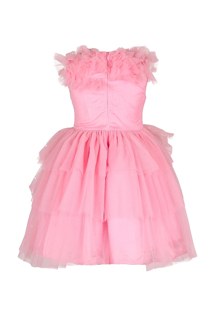 Pink Polyester Pearl Embellished Layered Ruffled Dress For Girls by Les Petits at Pernia's Pop Up Shop