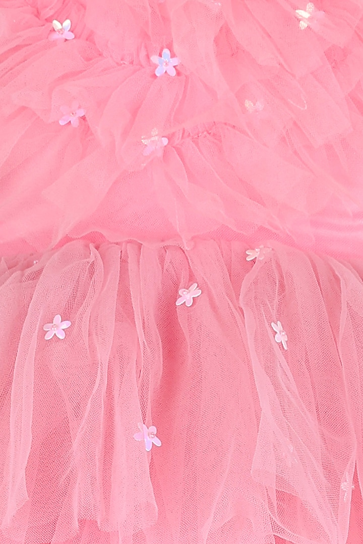 Pink Polyester Pearl Embellished Layered Ruffled Dress For Girls by Les Petits at Pernia's Pop Up Shop