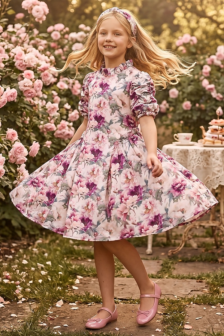 Lilac Polyester Floral Printed Dress For Girls by Les Petits at Pernia's Pop Up Shop