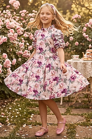 Lilac Polyester Floral Printed Dress For Girls by Les Petits