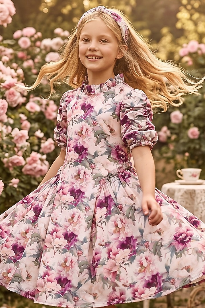 Lilac Polyester Floral Printed Dress For Girls by Les Petits at Pernia's Pop Up Shop