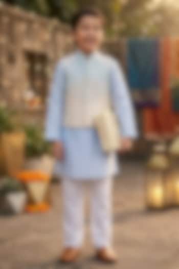 Blue Polyester Satin Embroidered Nehru Jacket Set For Boys by Les Petits at Pernia's Pop Up Shop