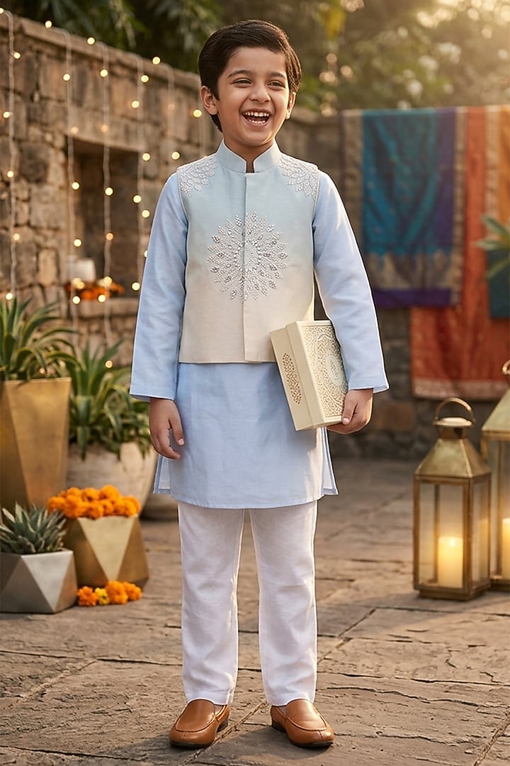 Blue Polyester Satin Embroidered Nehru Jacket Set For Boys by Les Petits at Pernia's Pop Up Shop
