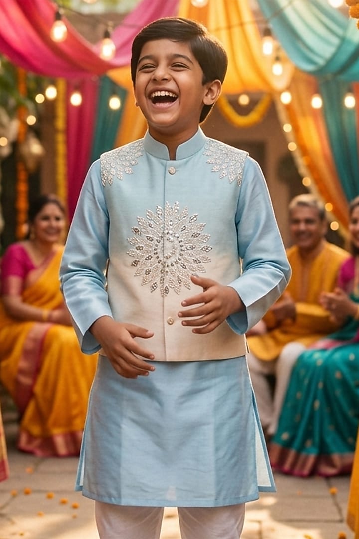 Blue Polyester Satin Embroidered Nehru Jacket Set For Boys by Les Petits at Pernia's Pop Up Shop