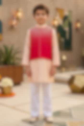 Red Polyester Satin Embellished Nehru Jacket Set For Boys by Les Petits at Pernia's Pop Up Shop