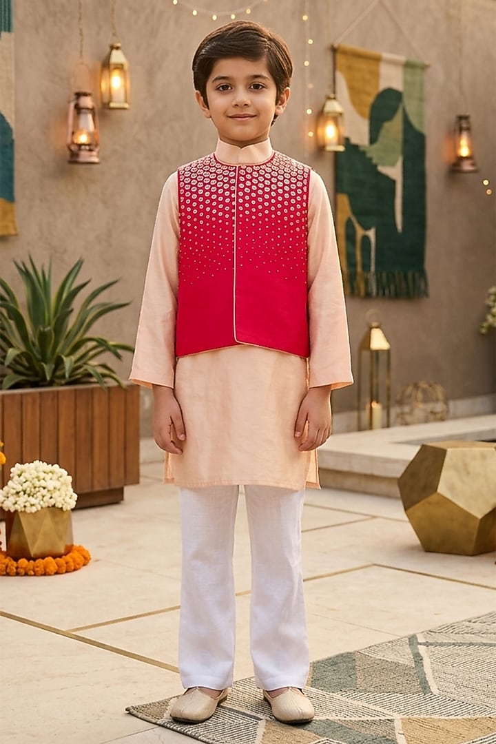 Red Polyester Satin Embellished Nehru Jacket Set For Boys by Les Petits at Pernia's Pop Up Shop