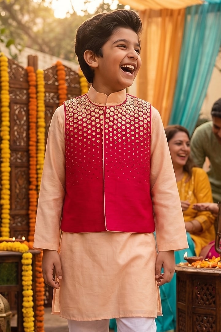 Red Polyester Satin Embellished Nehru Jacket Set For Boys by Les Petits at Pernia's Pop Up Shop