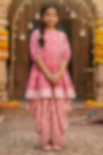 Pink Polyester Satin Floral Printed Peplum Kurta Set For Girls by Les Petits at Pernia's Pop Up Shop