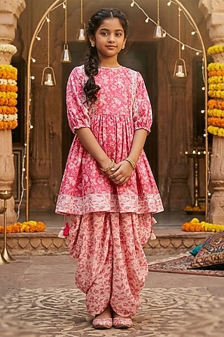 Pink Polyester Satin Floral Printed Peplum Kurta Set For Girls by Les Petits