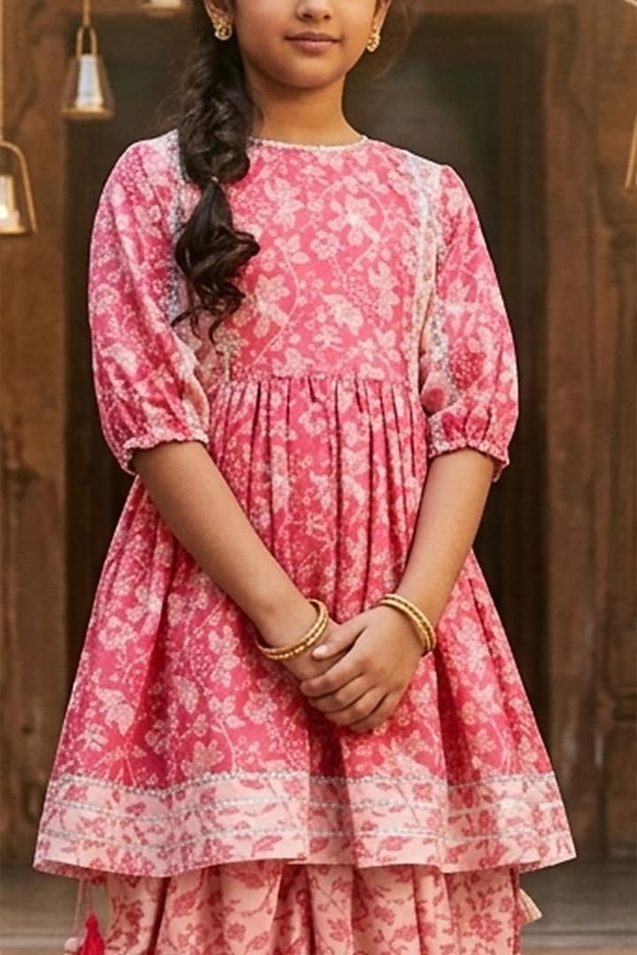 Pink Polyester Satin Floral Printed Peplum Kurta Set For Girls by Les Petits at Pernia's Pop Up Shop