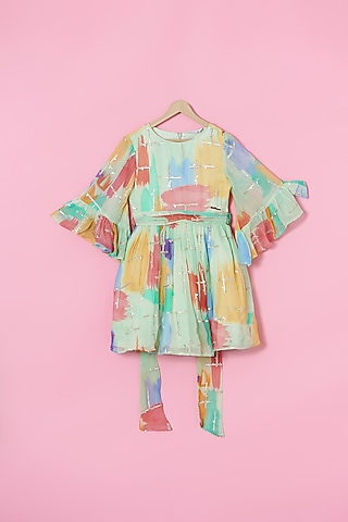 Olive Green Georgette Abstract Printed & Embellished Dress For Girls by Les Petits