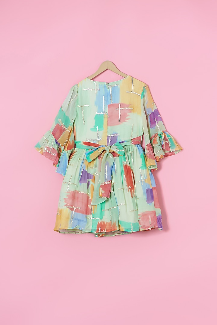 Olive Green Georgette Abstract Printed & Embellished Dress For Girls by Les Petits at Pernia's Pop Up Shop