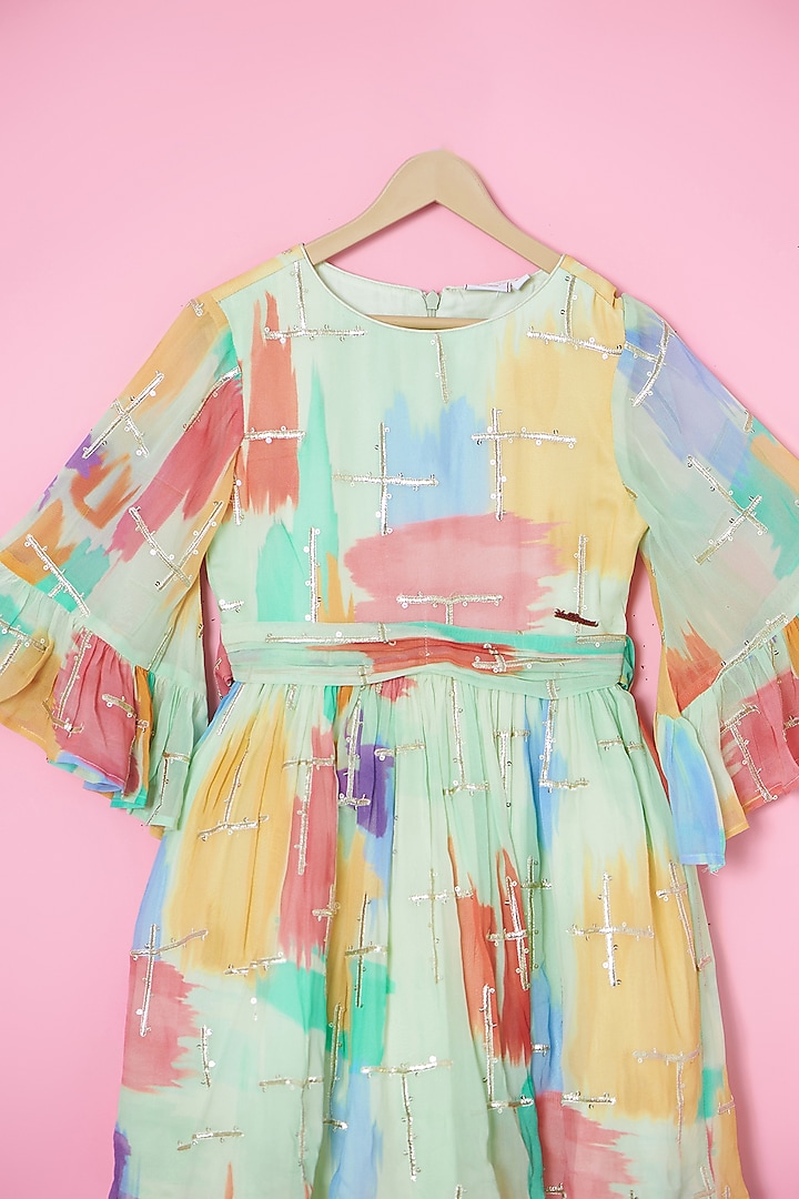 Olive Green Georgette Abstract Printed & Embellished Dress For Girls by Les Petits at Pernia's Pop Up Shop