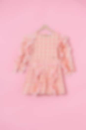 Pink Cotton Checks Printed Ruffled Dress For Girls by Les Petits