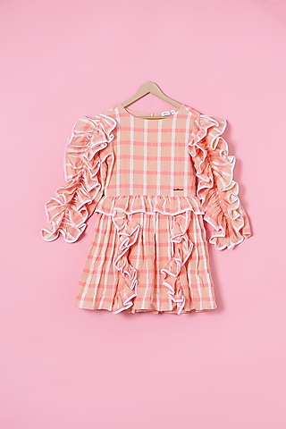 Pink Cotton Checks Printed Ruffled Dress For Girls by Les Petits