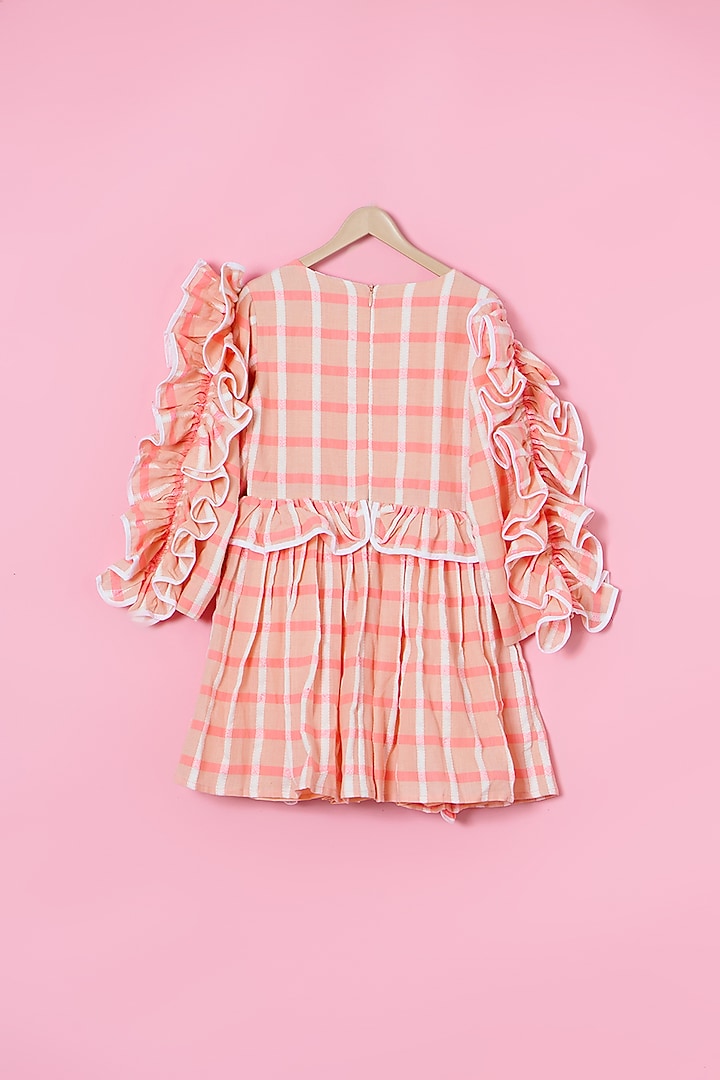 Pink Cotton Checks Printed Ruffled Dress For Girls by Les Petits at Pernia's Pop Up Shop