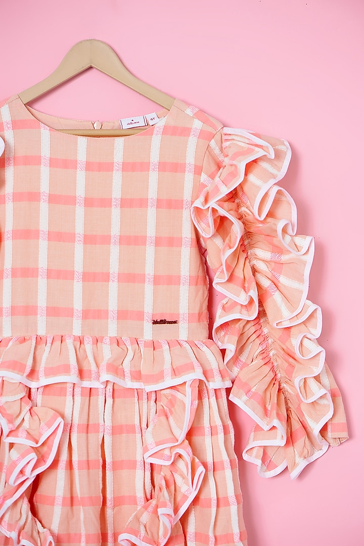 Pink Cotton Checks Printed Ruffled Dress For Girls by Les Petits at Pernia's Pop Up Shop