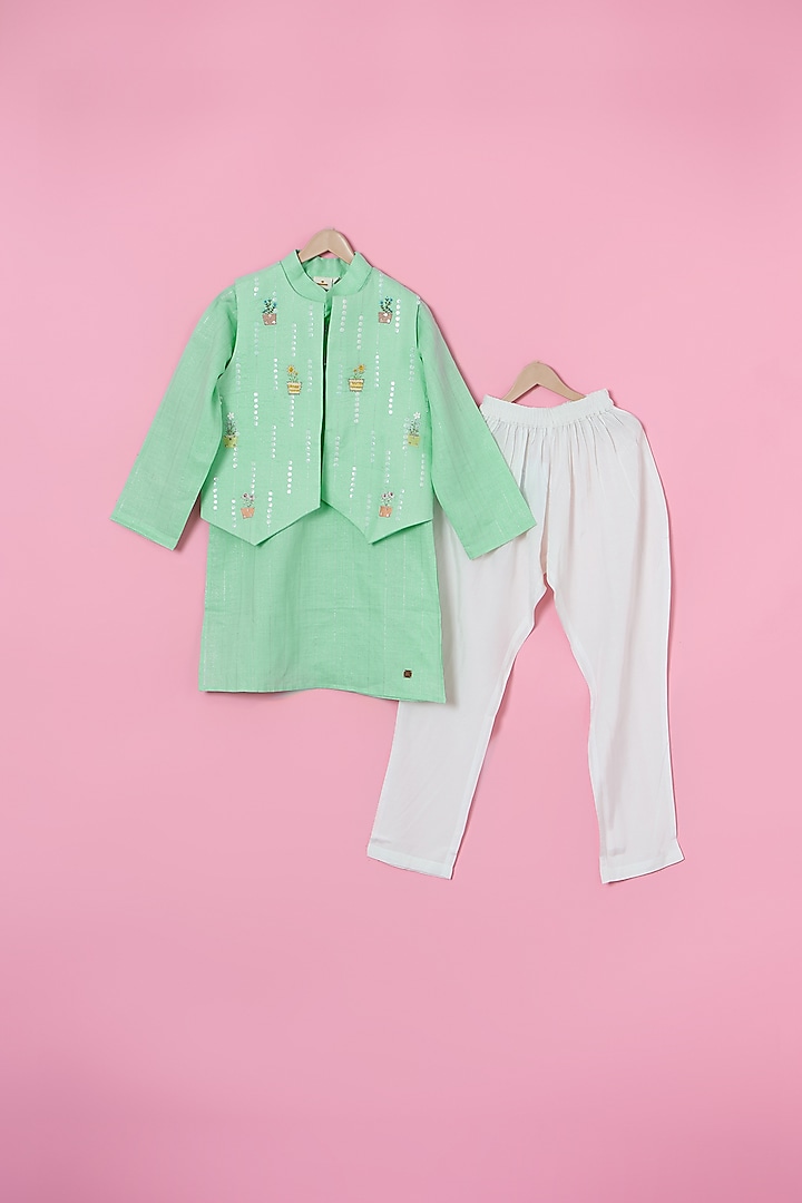Green Cotton Foil Hand Embroidered Nheru Jacket Set For Boys by Les Petits