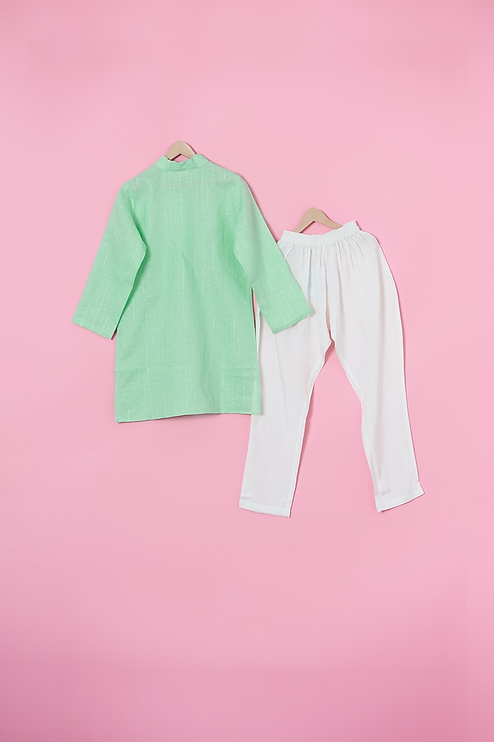 Green Cotton Foil Hand Embroidered Nheru Jacket Set For Boys by Les Petits at Pernia's Pop Up Shop