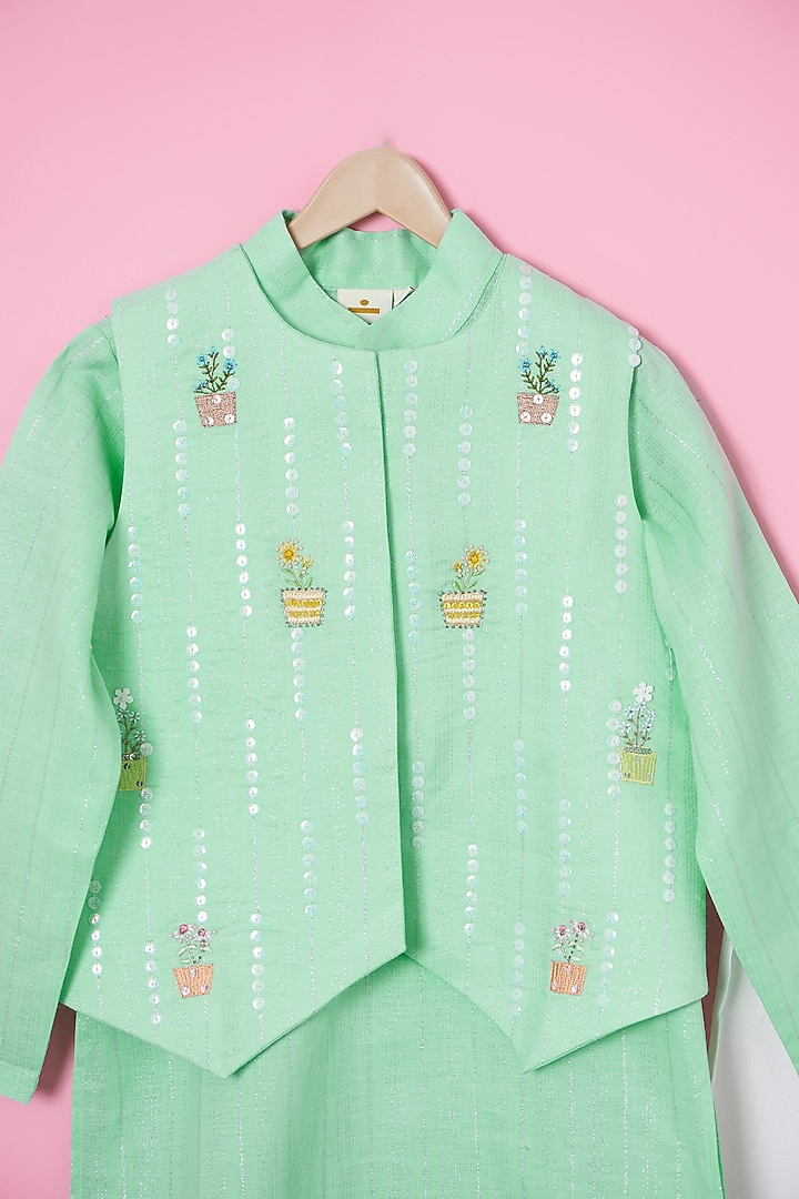 Green Cotton Foil Hand Embroidered Nheru Jacket Set For Boys by Les Petits at Pernia's Pop Up Shop