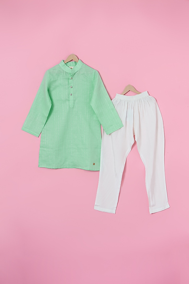 Green Cotton Foil Hand Embroidered Nheru Jacket Set For Boys by Les Petits at Pernia's Pop Up Shop