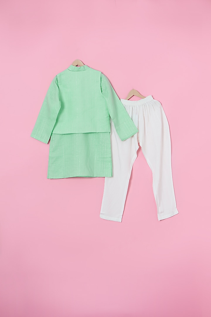 Green Cotton Foil Hand Embroidered Nheru Jacket Set For Boys by Les Petits at Pernia's Pop Up Shop