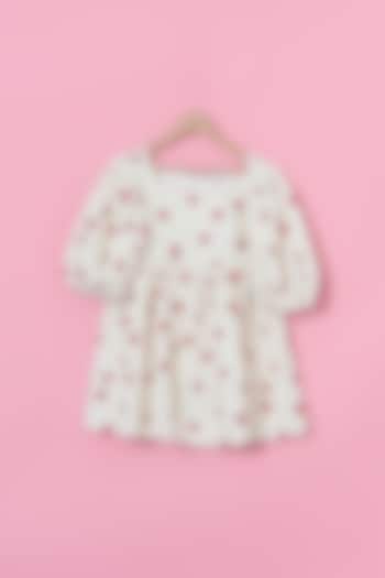 White Banana Crepe Abstract Printed Little Heart Dress For Girls by Les Petits