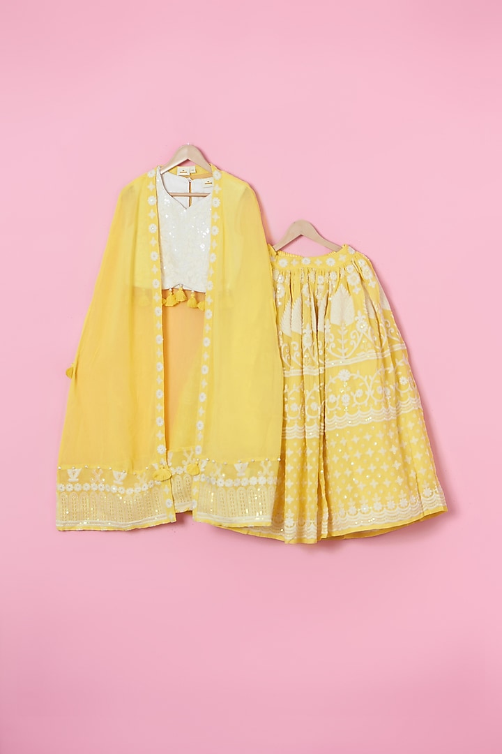 Yellow Georgette Hand Embroidered Lehenga Set For Girls by Les Petits