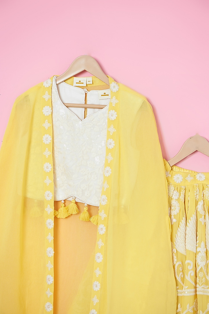 Yellow Georgette Hand Embroidered Lehenga Set For Girls by Les Petits at Pernia's Pop Up Shop