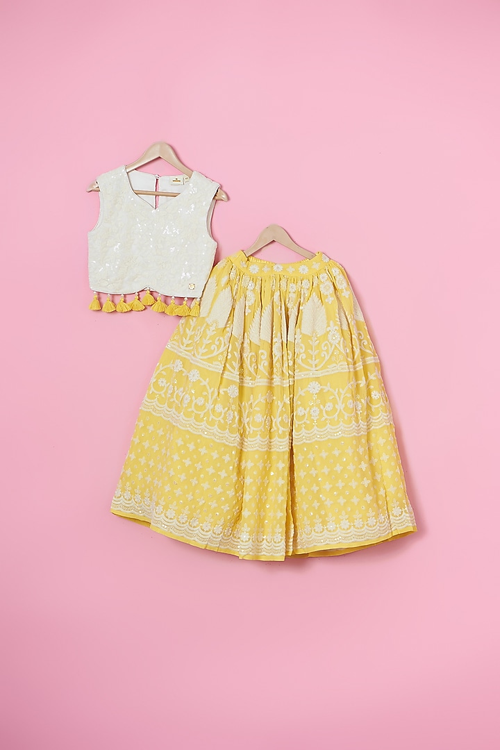 Yellow Georgette Hand Embroidered Lehenga Set For Girls by Les Petits at Pernia's Pop Up Shop