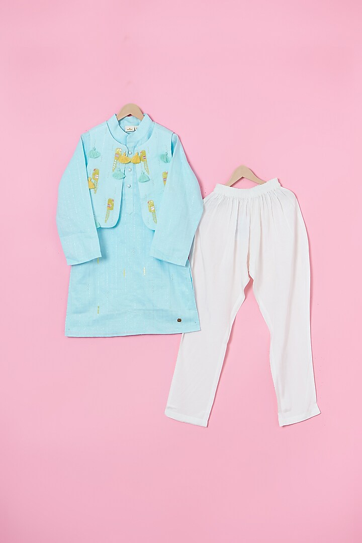 Powder Blue Cotton Hand Embroidered Nehru Jacket Set For Boys by Les Petits