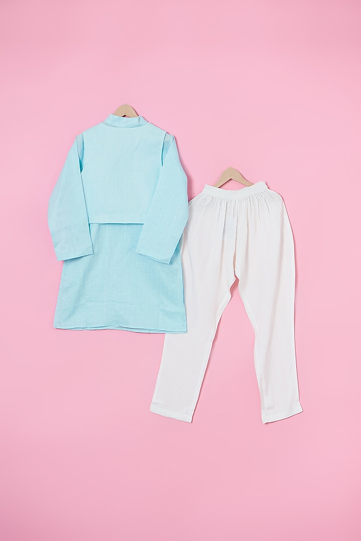 Powder Blue Cotton Hand Embroidered Nehru Jacket Set For Boys by Les Petits at Pernia's Pop Up Shop