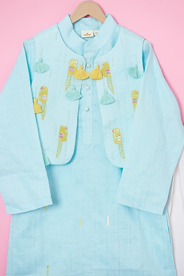 Powder Blue Cotton Hand Embroidered Nehru Jacket Set For Boys by Les Petits at Pernia's Pop Up Shop