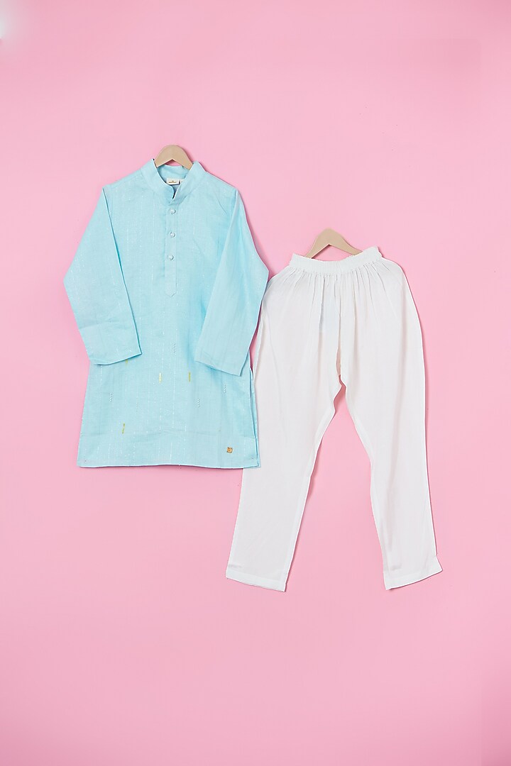 Powder Blue Cotton Hand Embroidered Nehru Jacket Set For Boys by Les Petits at Pernia's Pop Up Shop