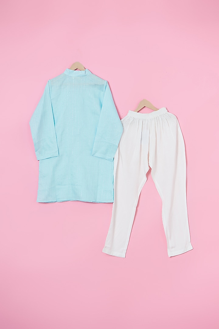 Powder Blue Cotton Hand Embroidered Nehru Jacket Set For Boys by Les Petits at Pernia's Pop Up Shop