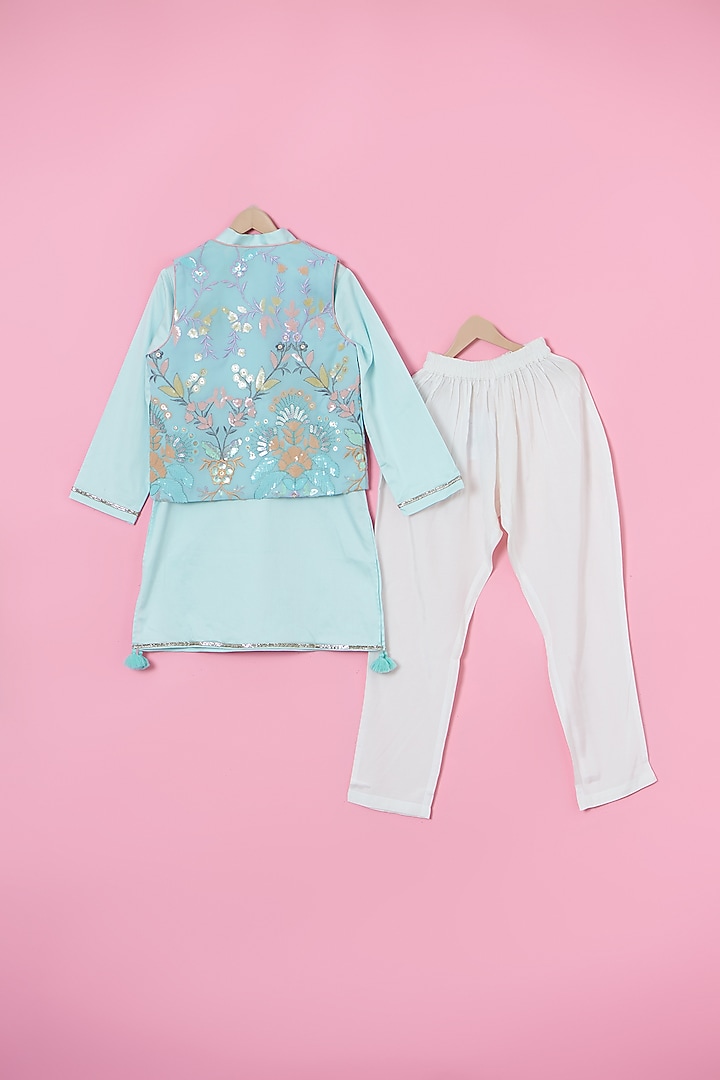 Powder Blue Cotton Satin Floral Embroidered Nehru Jacket Set For Boys by Les Petits at Pernia's Pop Up Shop