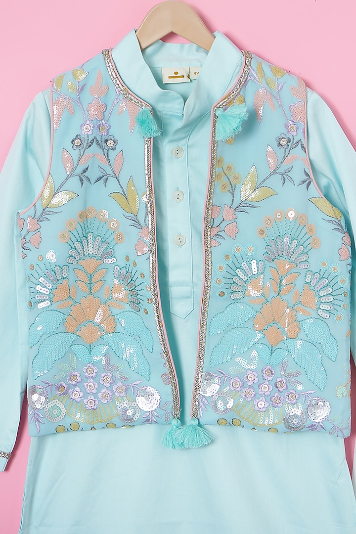 Powder Blue Cotton Satin Floral Embroidered Nehru Jacket Set For Boys by Les Petits at Pernia's Pop Up Shop