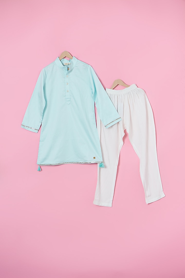 Powder Blue Cotton Satin Floral Embroidered Nehru Jacket Set For Boys by Les Petits at Pernia's Pop Up Shop