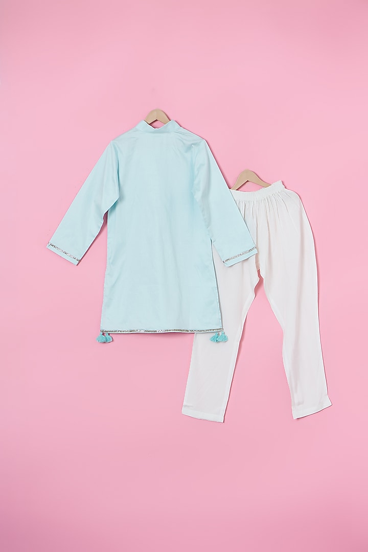 Powder Blue Cotton Satin Floral Embroidered Nehru Jacket Set For Boys by Les Petits at Pernia's Pop Up Shop