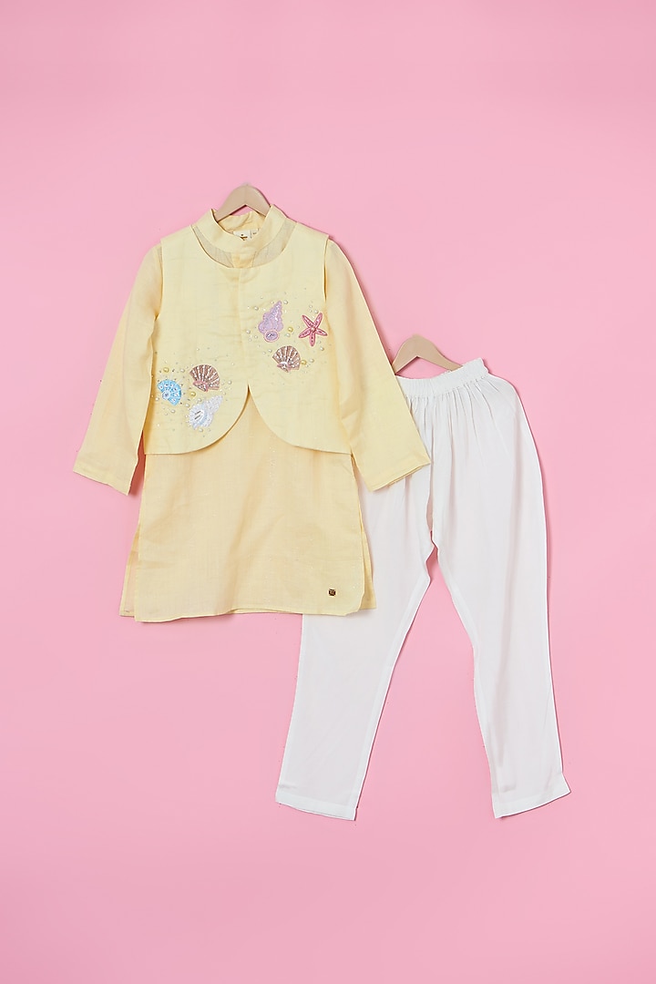 Yellow Cotton Foil Hand Embroidered Nehru Jacket Set For Boys by Les Petits