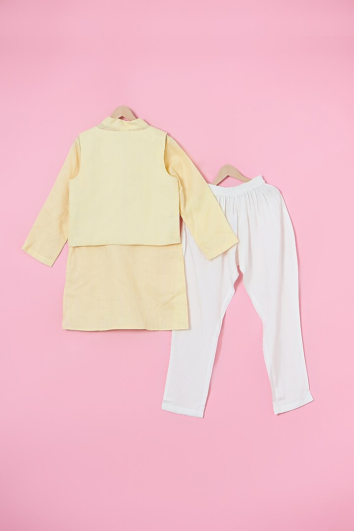 Yellow Cotton Foil Hand Embroidered Nehru Jacket Set For Boys by Les Petits at Pernia's Pop Up Shop