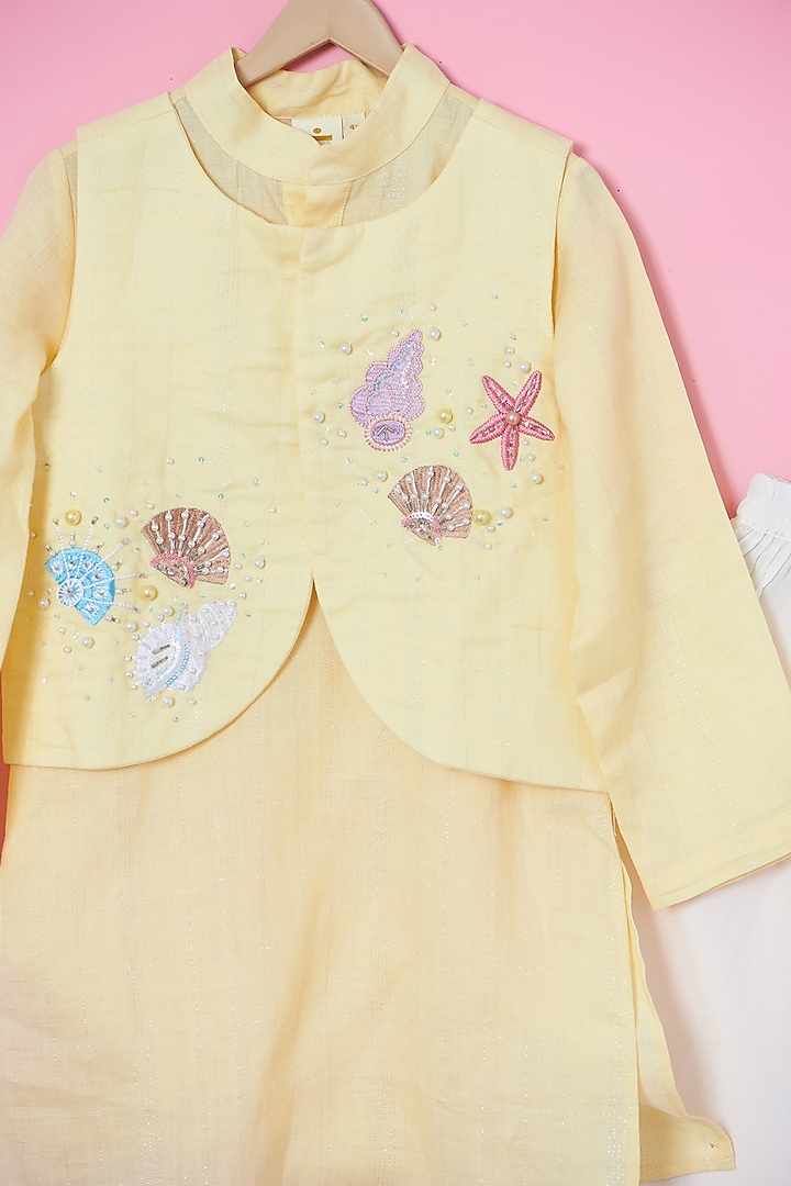 Yellow Cotton Foil Hand Embroidered Nehru Jacket Set For Boys by Les Petits at Pernia's Pop Up Shop